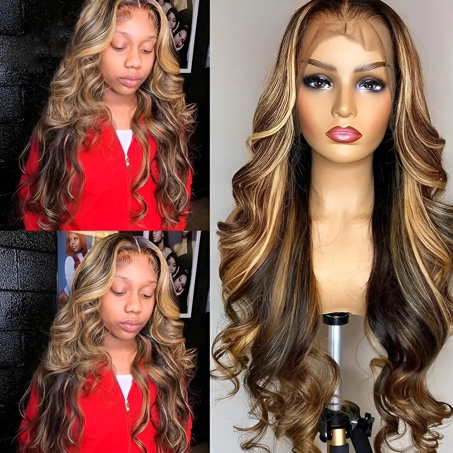 Front lace wig with long curly brown gradient hair and a side fringe.
