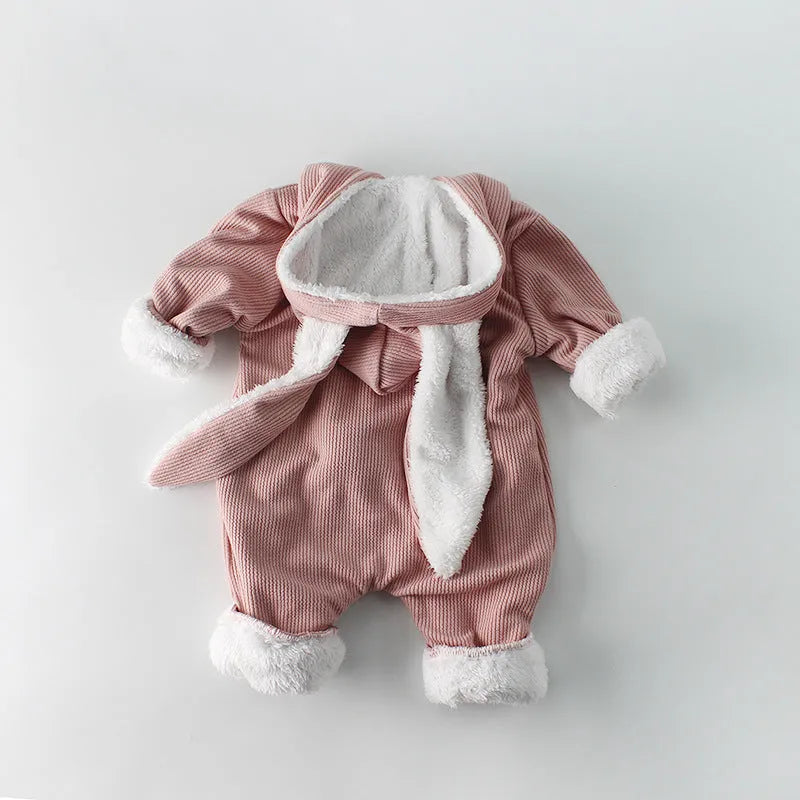 Plush baby jumpsuit with long sleeves, thickened fabric, single breasted closure, in apricot colour, size 80cm