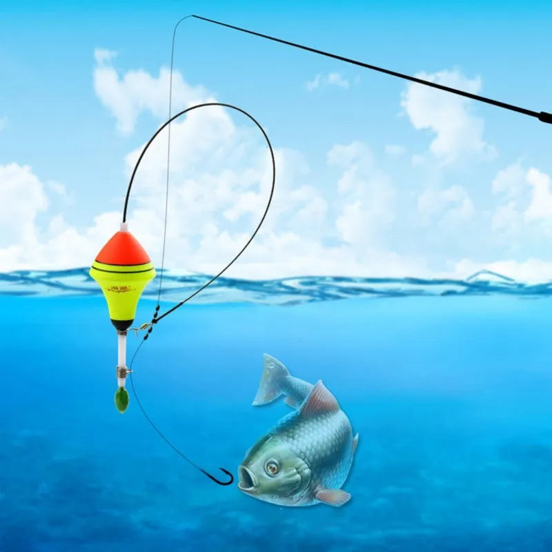 Automatic fishing float set with nano EVA buoyancy, fluorescent coating, 39cm length, 3.8cm diameter, and stainless steel hardware