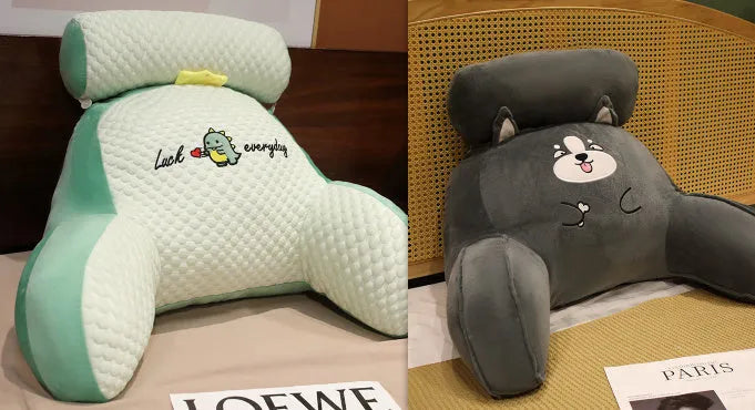 Large triangle reading cushion with ergonomic back support and embroidered ice bean pattern