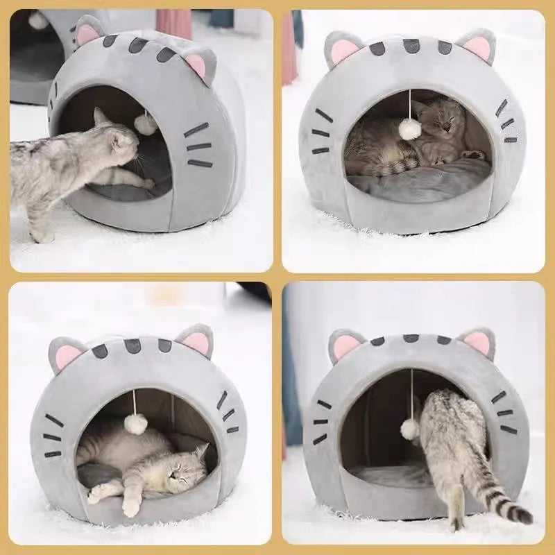 Gray polyester cat nest closed shelter winter warm bed available in sizes S, M, L