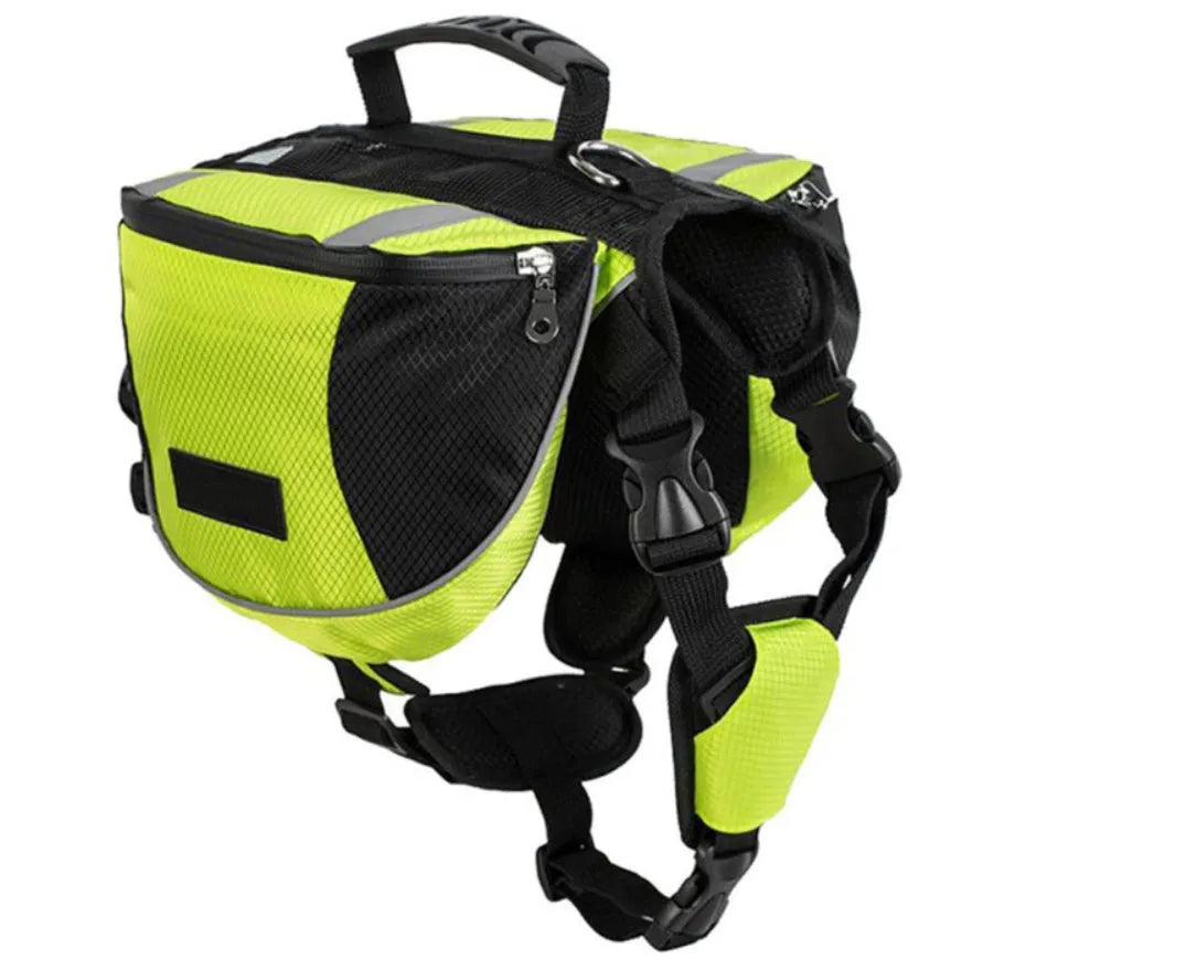 Dog hiking pack in black with adjustable neck straps, breathable mesh, and reflective tape for outdoor use