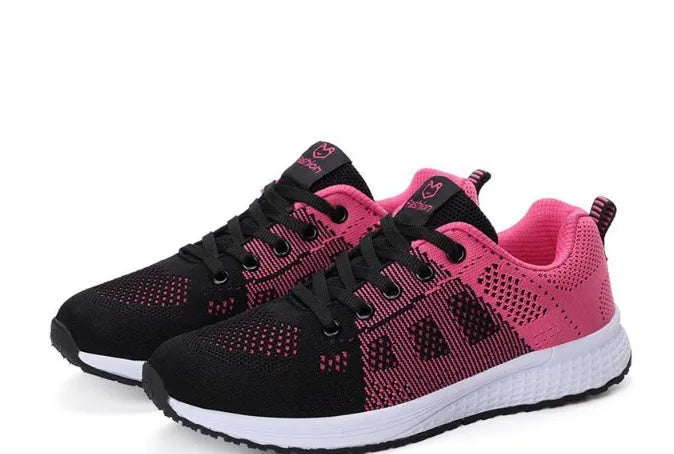 Women's breathable mesh flat heel sports shoes available in black, pink, and rose red colours