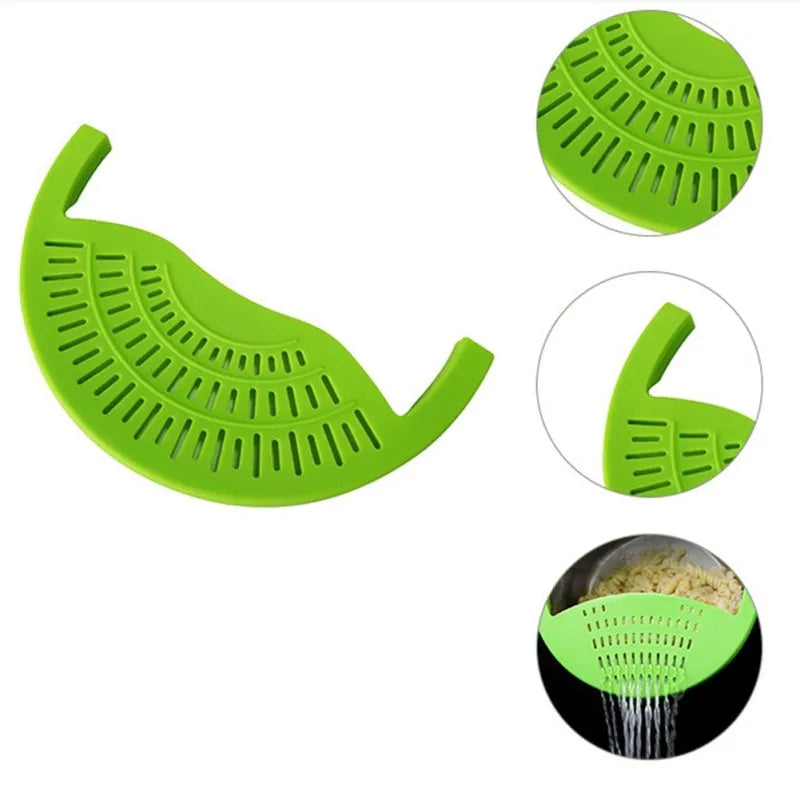 Black silicone food oil drainer clipped onto a pressure cooker liner for draining liquid