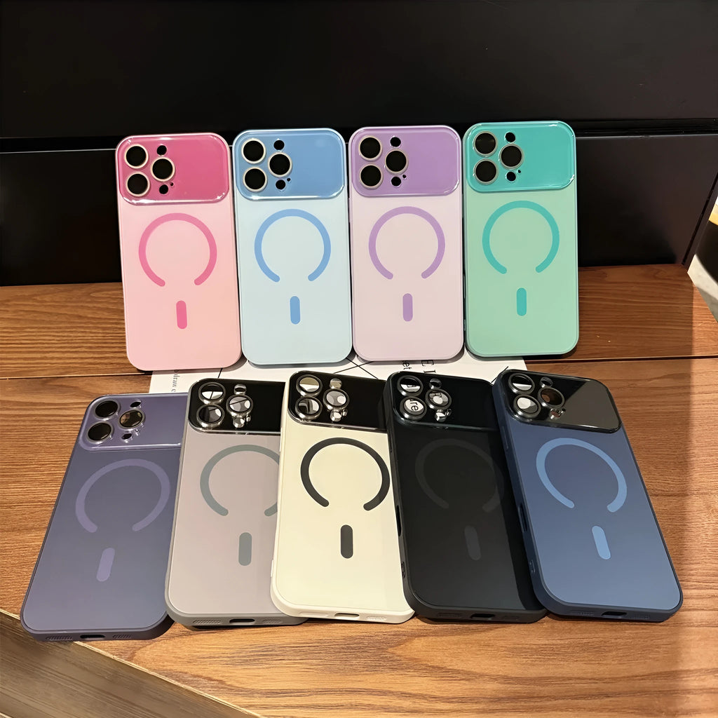 Large window frosted magnetic PC phone case for iPhone, shockproof, anti-fingerprint, black finish