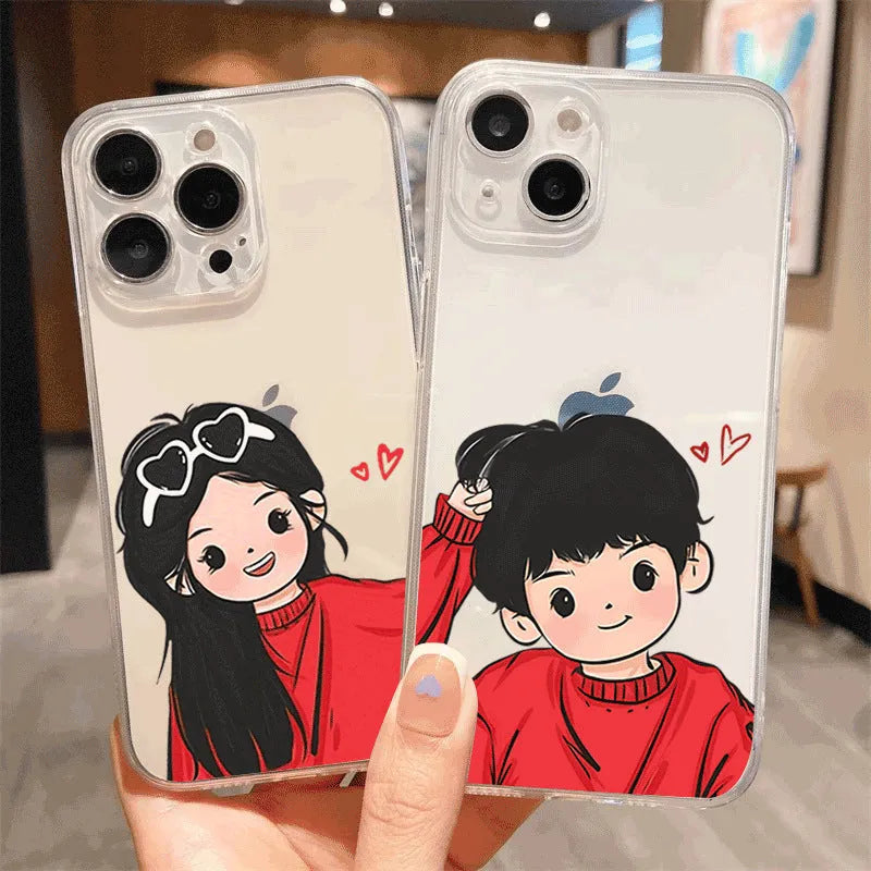 Cute couple cartoon transparent silicone phone case for Apple iPhone with anti-fingerprint coating