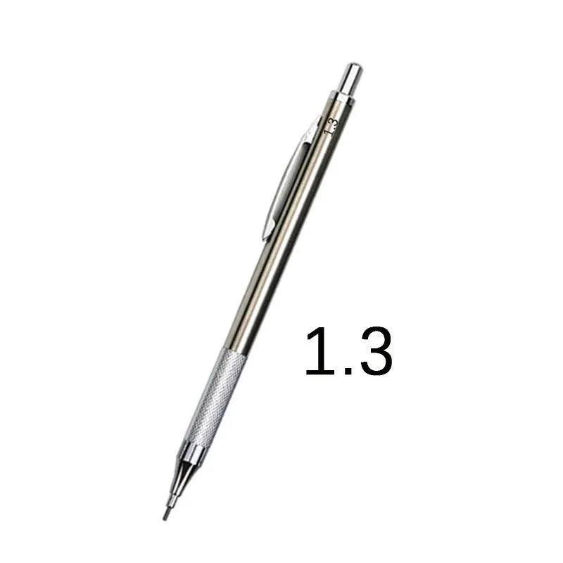 Metal automatic mechanical pencil showing six compatible lead sizes from 0.3mm to 2.0mm