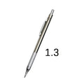 Metal automatic mechanical pencil showing six compatible lead sizes from 0.3mm to 2.0mm