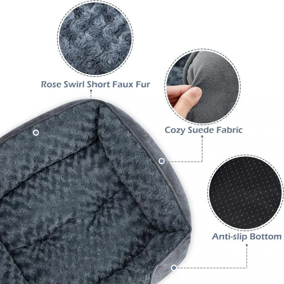 Beige faux fur dog bed with raised stuffed sides and a removable cover, shown in a large size.