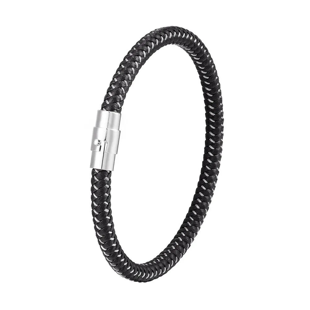 Geometric titanium steel wire bracelet with a magnetic clasp on a wrist, shown in a silver tone.