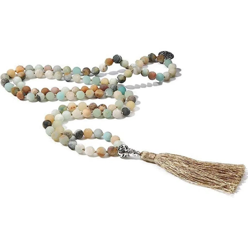 Handmade knotted stone bead necklace with 108 8mm beads in natural colours