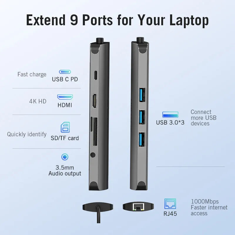 Deep grey USB-C hub with HDMI, USB, Ethernet, and memory card ports, shown next to a laptop.