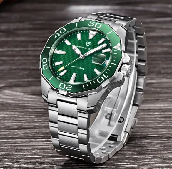 Men's mechanical watch PD-1617 with stainless steel bracelet and silver black dial