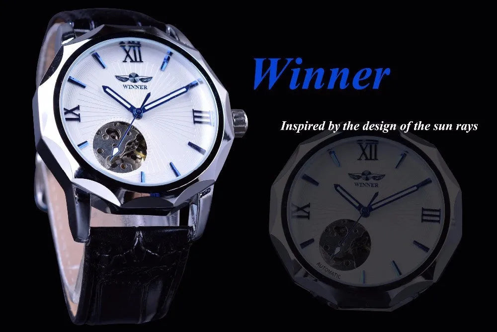WINNER men's mechanical watch with round alloy dial and black strap showing world time function