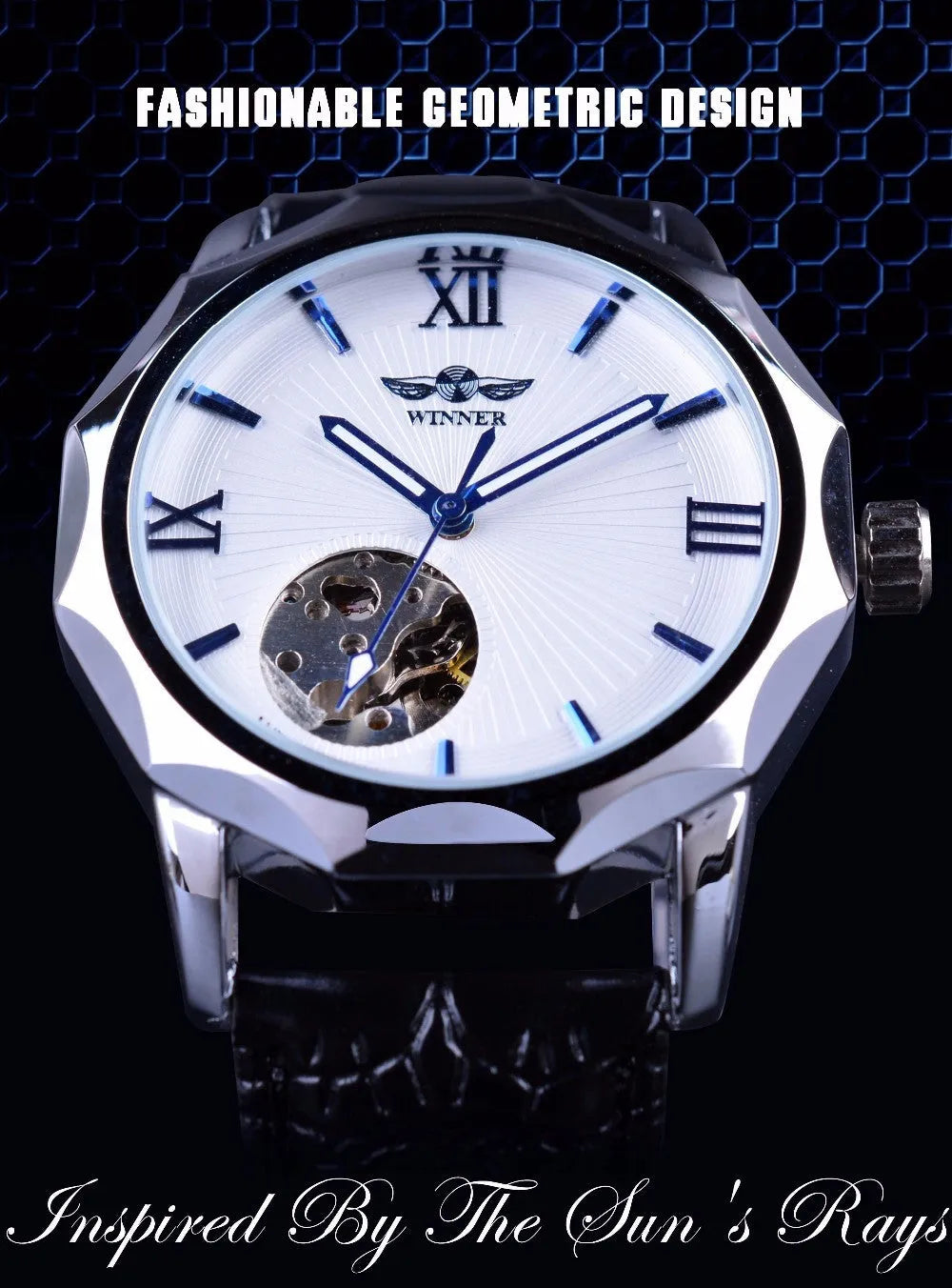 WINNER men's mechanical watch with round alloy dial and black strap showing world time function