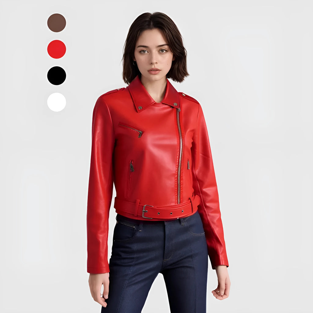 Women's black PU leather jacket with lapel collar and an adjustable waist belt, shown front-on.