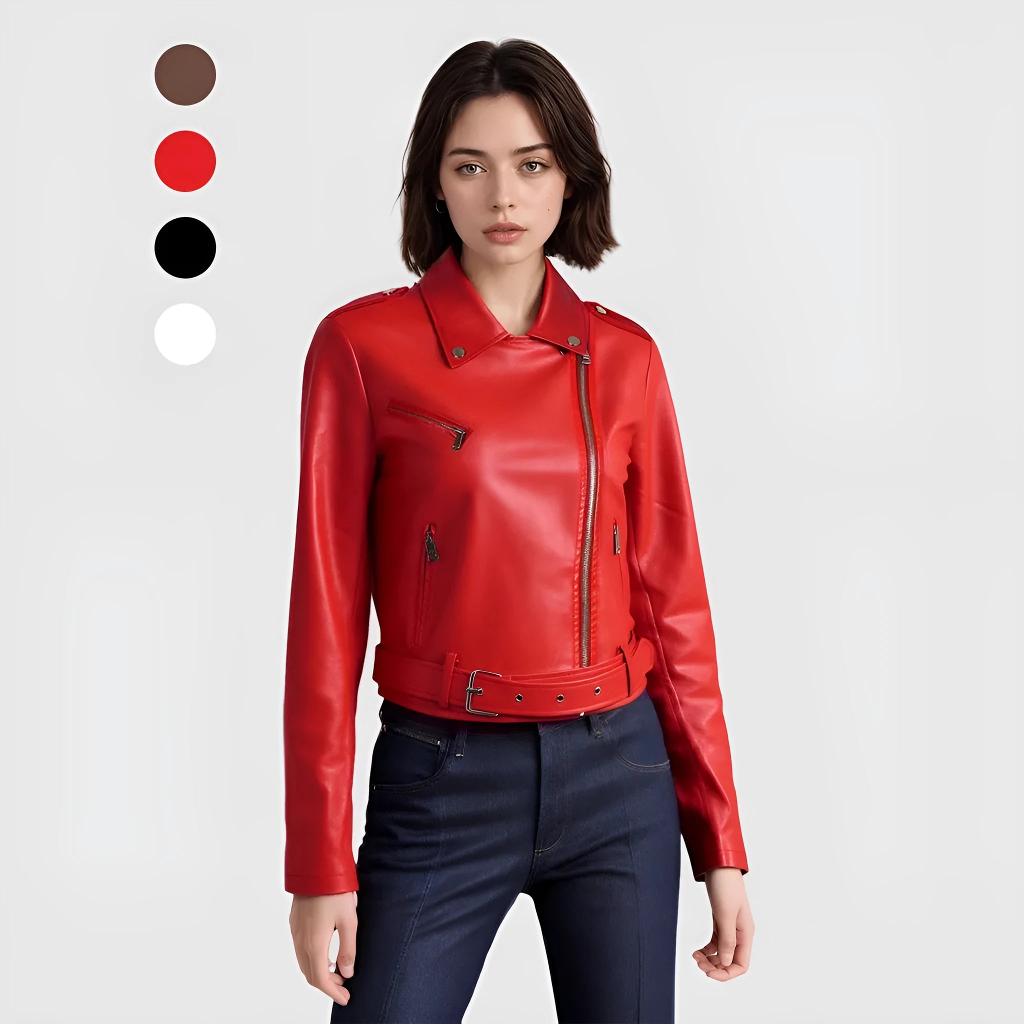 Women's black PU leather jacket with lapel collar and an adjustable waist belt, shown front-on.