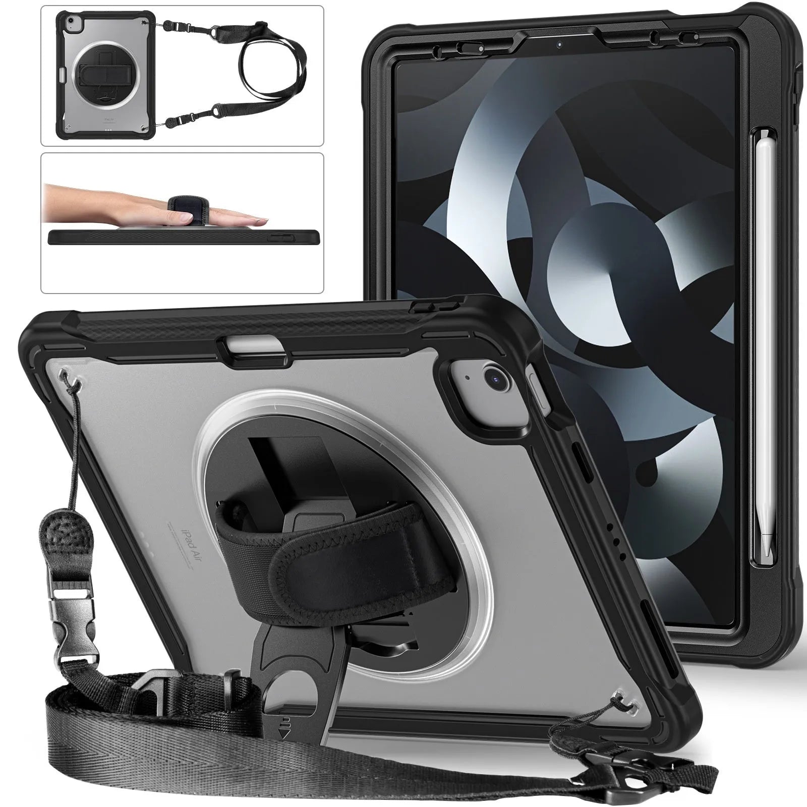 iPad Mini 6 case with rotating bracket and lanyard in black PC TPU material