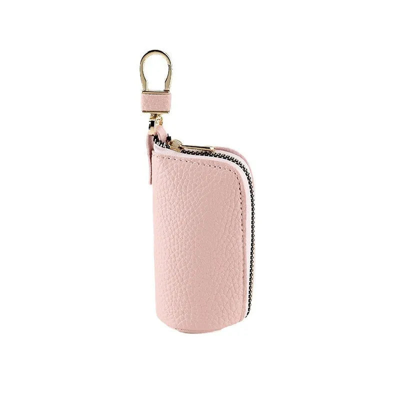 Minimalist black PU leather zipper key ring for car keys with waterproof protection