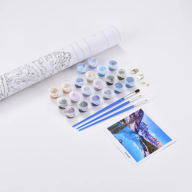 DIY digital oil painting kit with sea view villa canvas, acrylic paints, and brushes on 40x50 cm linen