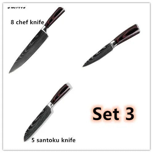 7Cr17 stainless steel kitchen knife with Damascus pattern blade and coloured wood handle on a cutting board.