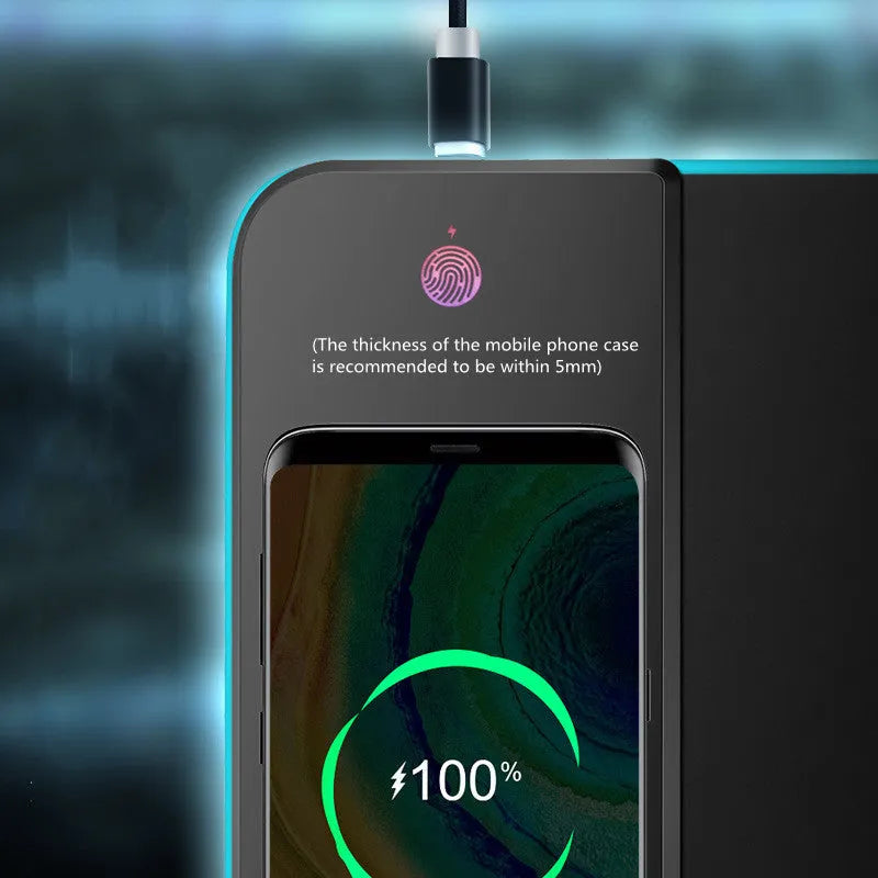 Wireless charging RGB luminous mouse pad 300x800x4mm with black cloth surface and built-in 10W charger