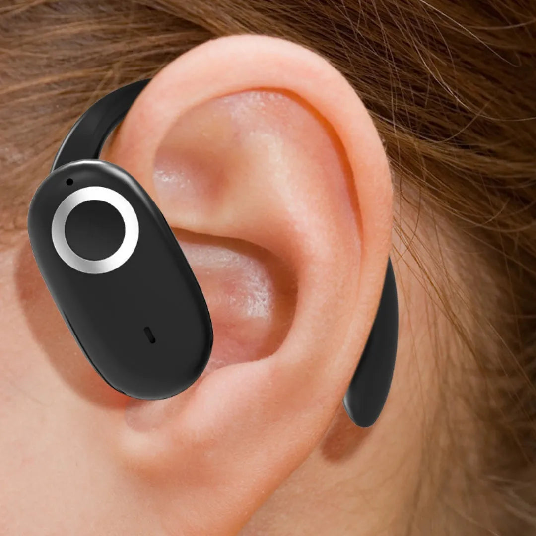 Rotating wireless Bluetooth headset with digital display, ear-mounted plastic design, black colour option