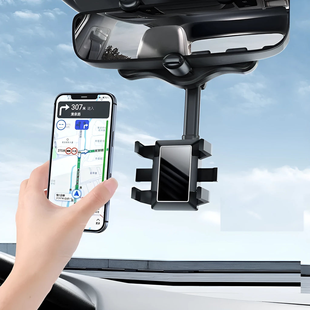 Rotating navigation bracket mounted on car rearview mirror showing left-right adjustment