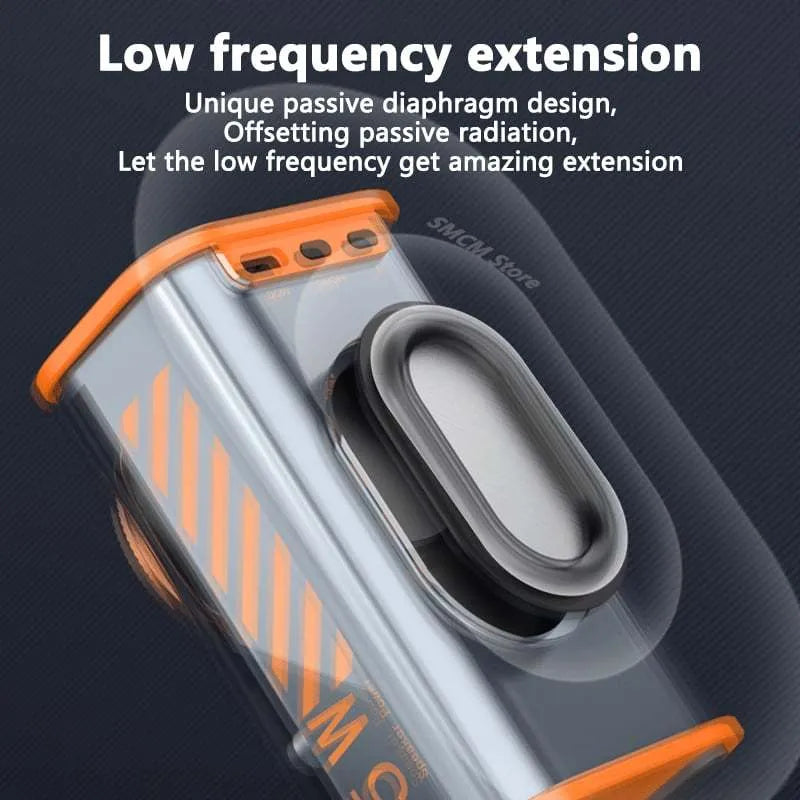 K07 transparent mecha wireless Bluetooth speaker with LED light patterns on a desk, black transparent finish