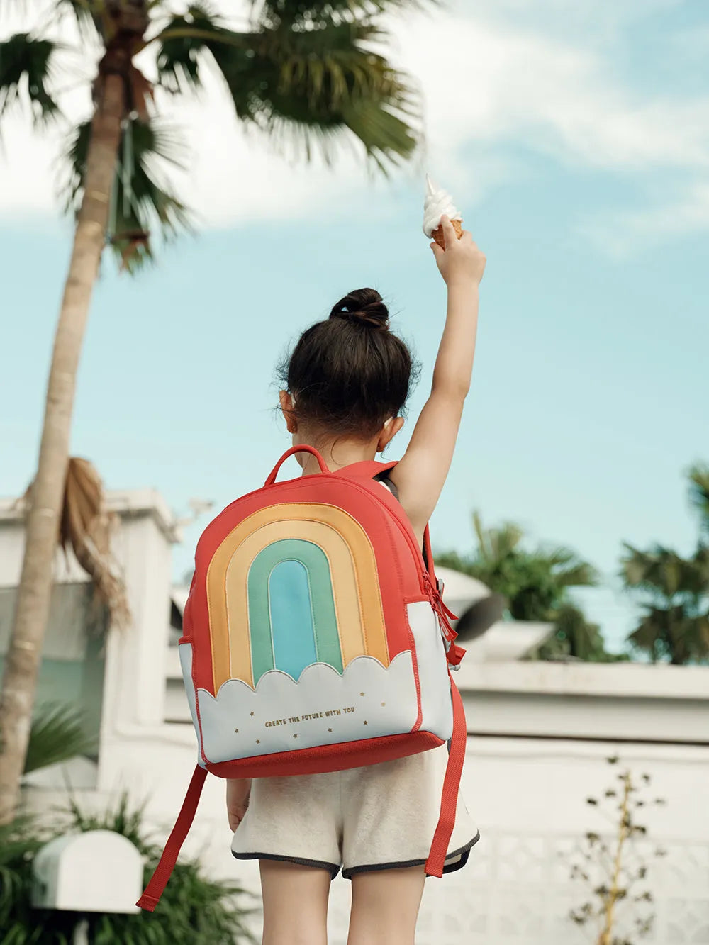 Children's schoolbag in rainbow, cherry or rocket, small polyester bag with cartoon cute pattern, double strap and zipper for ages 2-6