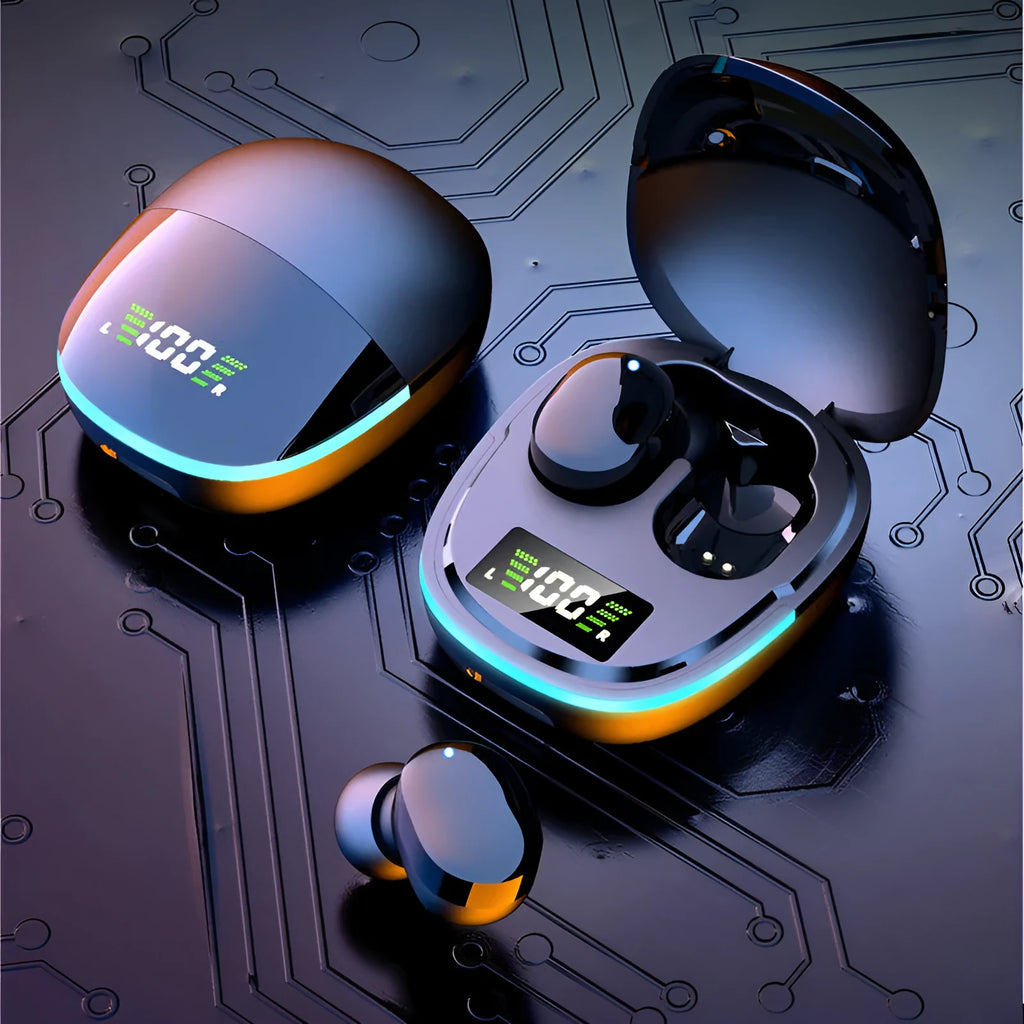 Black true wireless Bluetooth in-ear headphones with a compact charging case showing digital battery display.