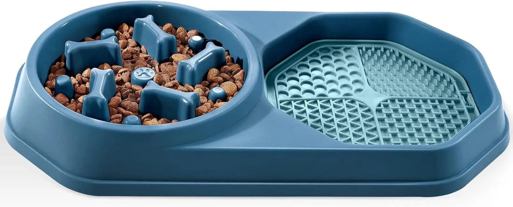 Blue green pink or yellow slow feeder dog bowl with puzzle channels and non-slip base