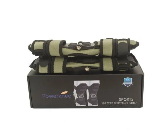 Black spring knee brace support with adjustable straps and visible venting holes, shown on a knee.