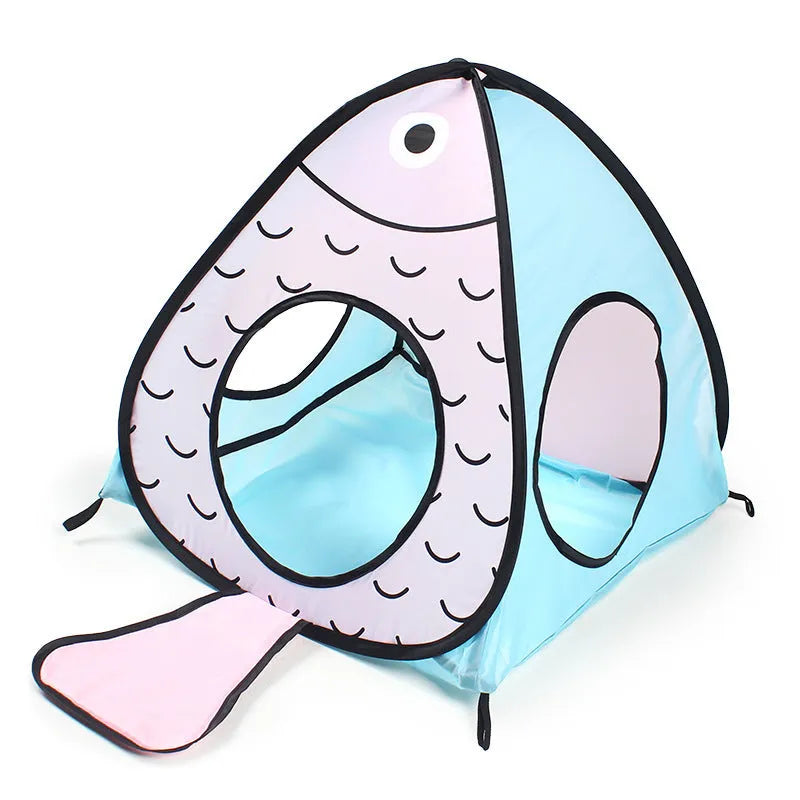 Foldable cat tent and tunnel play set with cat and fish print.