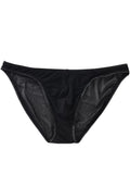 Men's black ice silk low waist briefs on a plain background, showing the brief cut and fabric texture.
