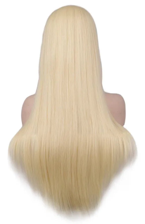 Light pink long straight high temperature silk wig with Qi bangs, adjustable headband for women