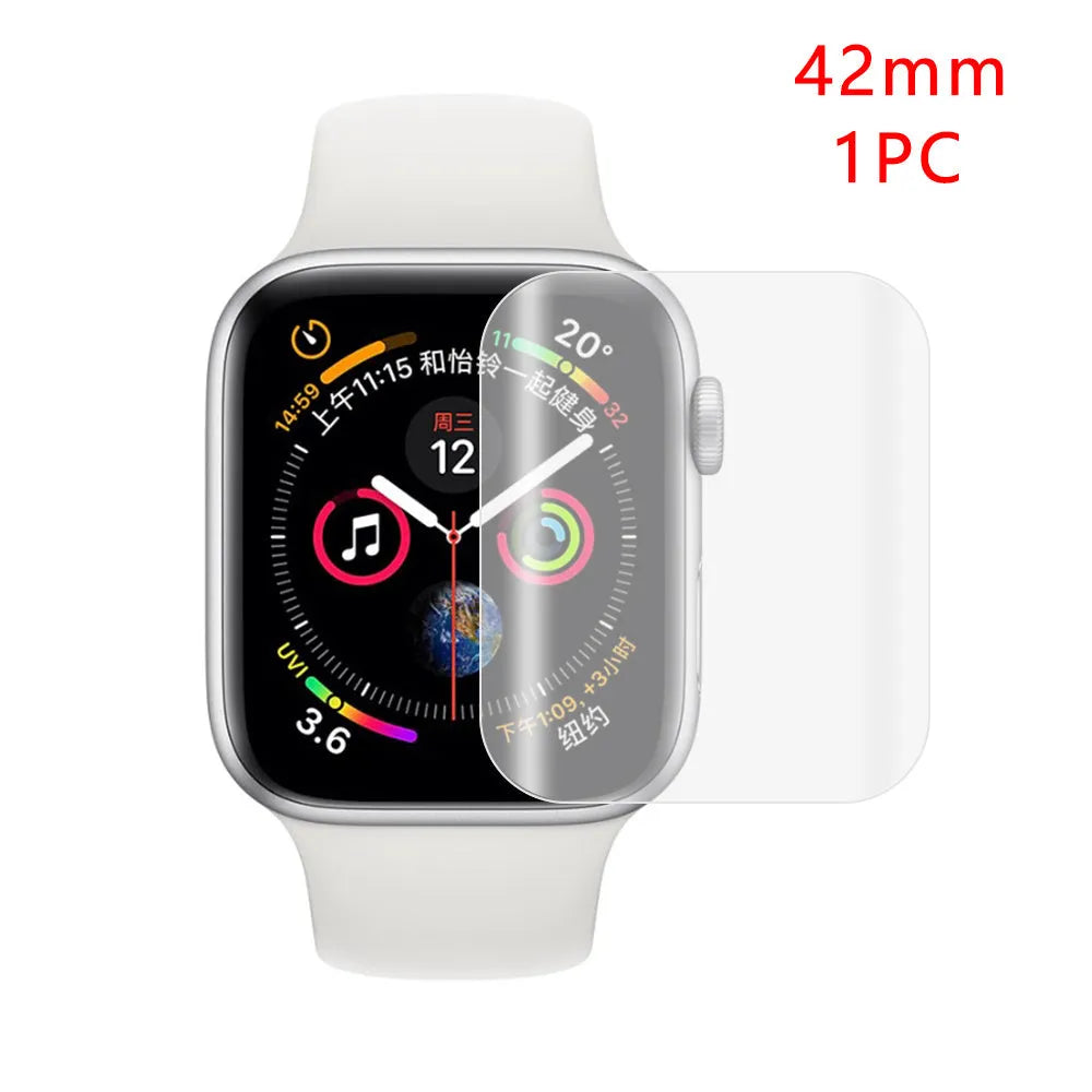 Full coverage hydrogel screen protector for Apple Watch on a watch face.