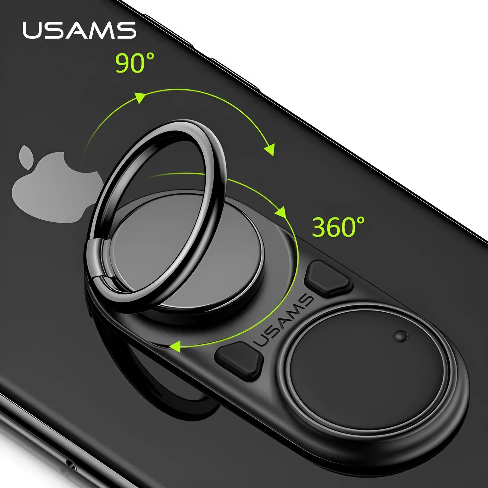 Multifunctional rotating mobile phone holder on a desk showing 360-degree swivel, adjustable angle, in Black colour