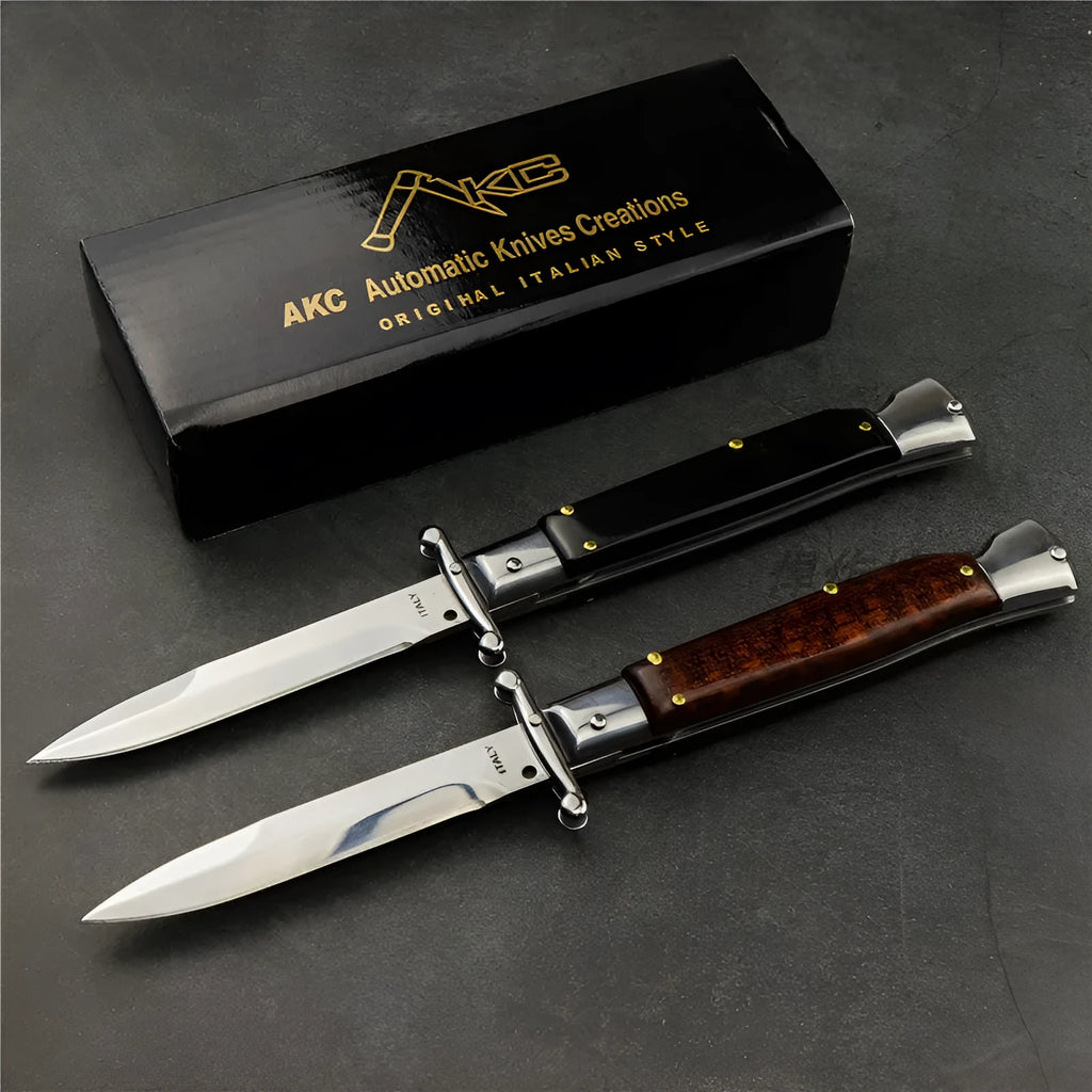 Damascus folding knife with 9.8cm blade and snake wood handle on outdoor wood surface