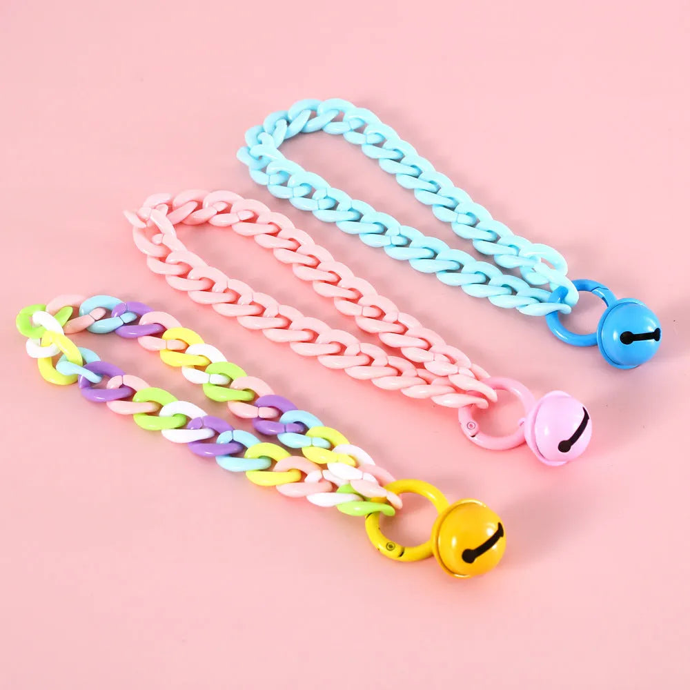 Adjustable plastic pet collar in macaron candy colours of blue, pink, and mixed chain for cats, dogs, or rabbits.