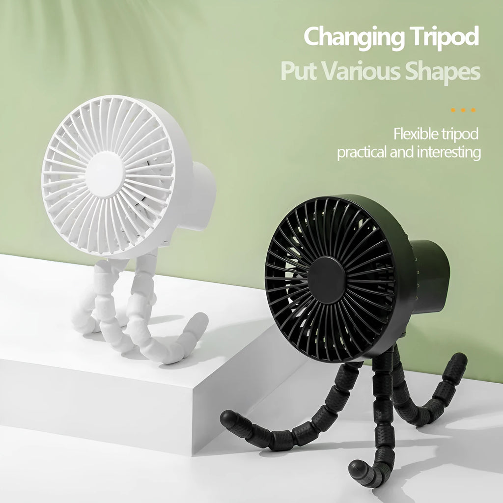 A small white USB desktop fan with an adjustable bending head on black octopus tripod legs.