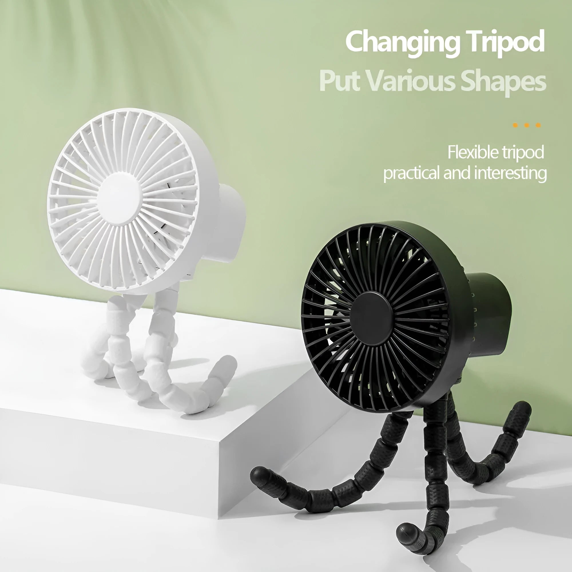 A small white USB desktop fan with an adjustable bending head on black octopus tripod legs.