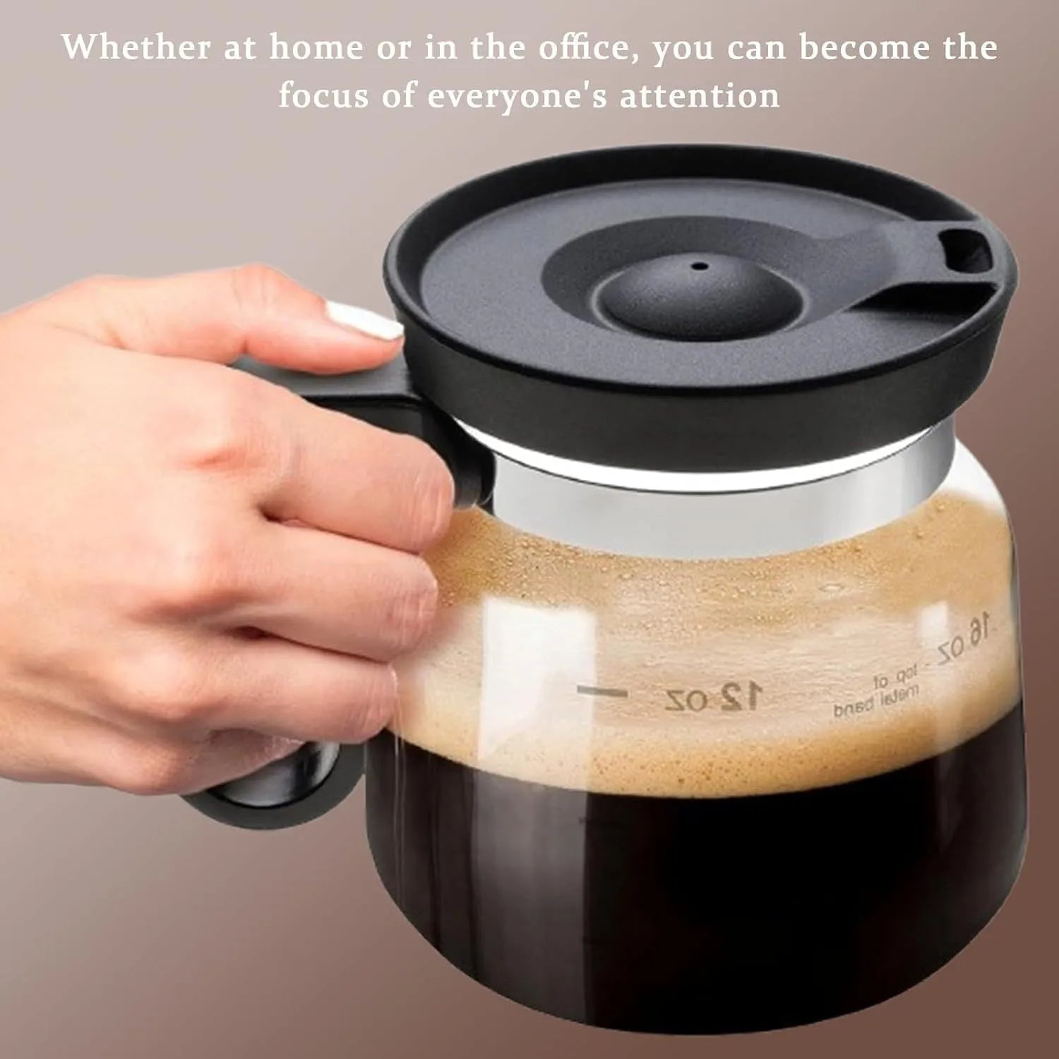 Black 16 oz borosilicate glass coffee cup coffee pot style on table