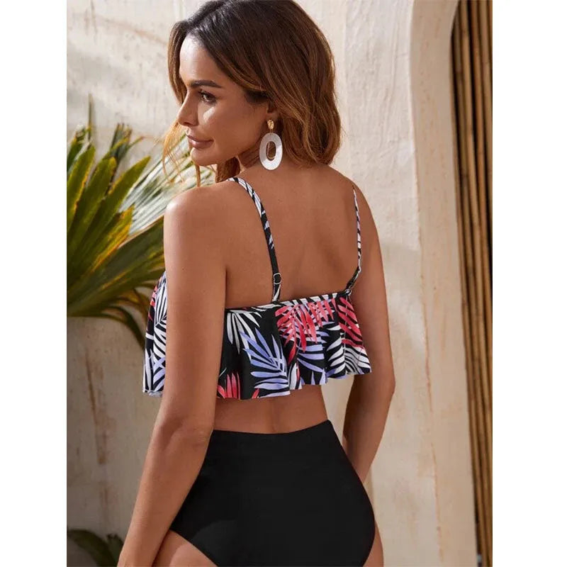 Women's high waist floral print bikini with flounced briefs for swimming.