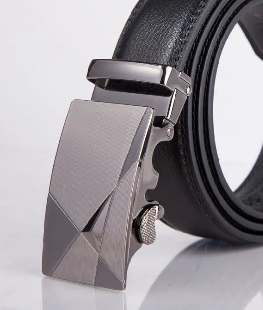 Men's automatic belt in black cowhide leather with gold buckle, 3.55cm width, 110-130cm length