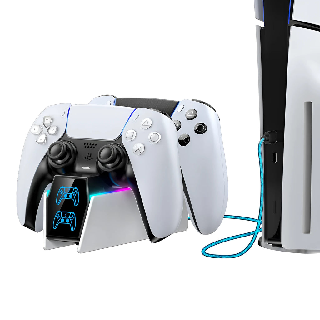 White PS5 wireless handle charger with RGB LED light and fixed dock for PS5 controller