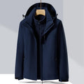 Men's black three-in-one mountaineering suit with removable lining, jacket and trousers set for outdoor sports.