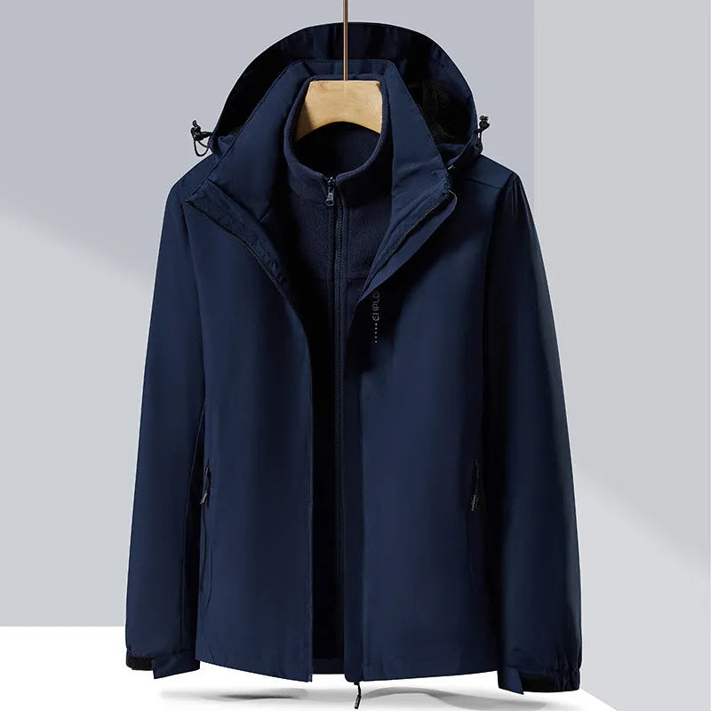 Men's black three-in-one mountaineering suit with removable lining, jacket and trousers set for outdoor sports.