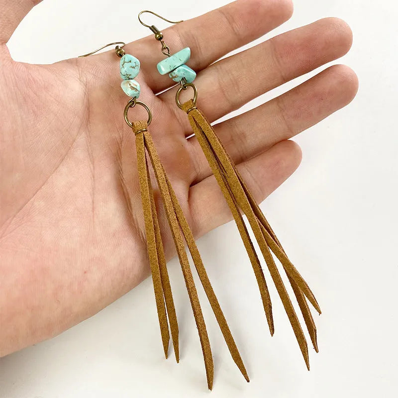 Retro long turquoise leather tassel earrings with geometric shape for women