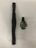 Black rubber and steel heart rate monitor watch with chest strap, 3m waterproof, round dial, backlight